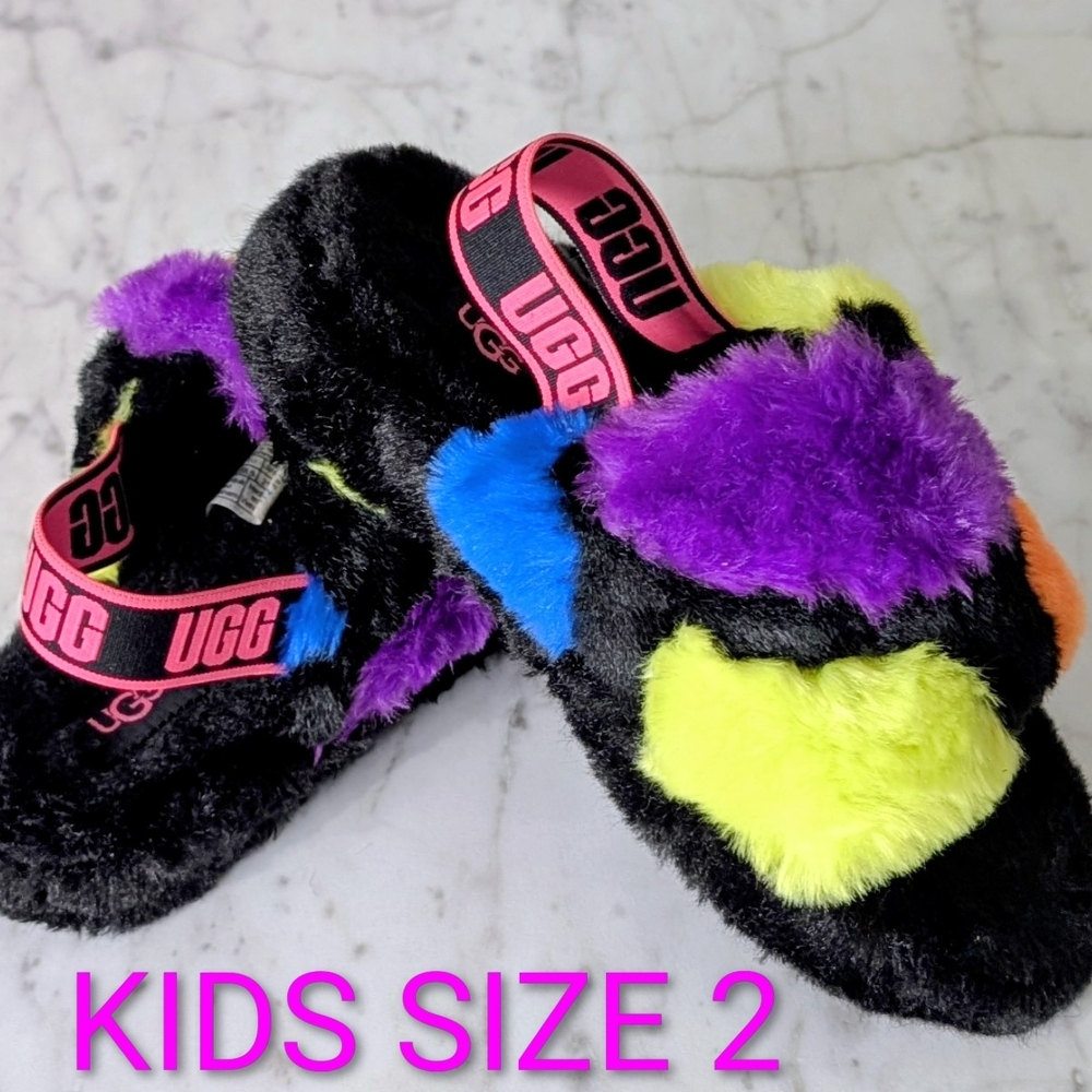 UGG Kids Fluffy Slide Sandals - Black, Purple, Blue, Yellow